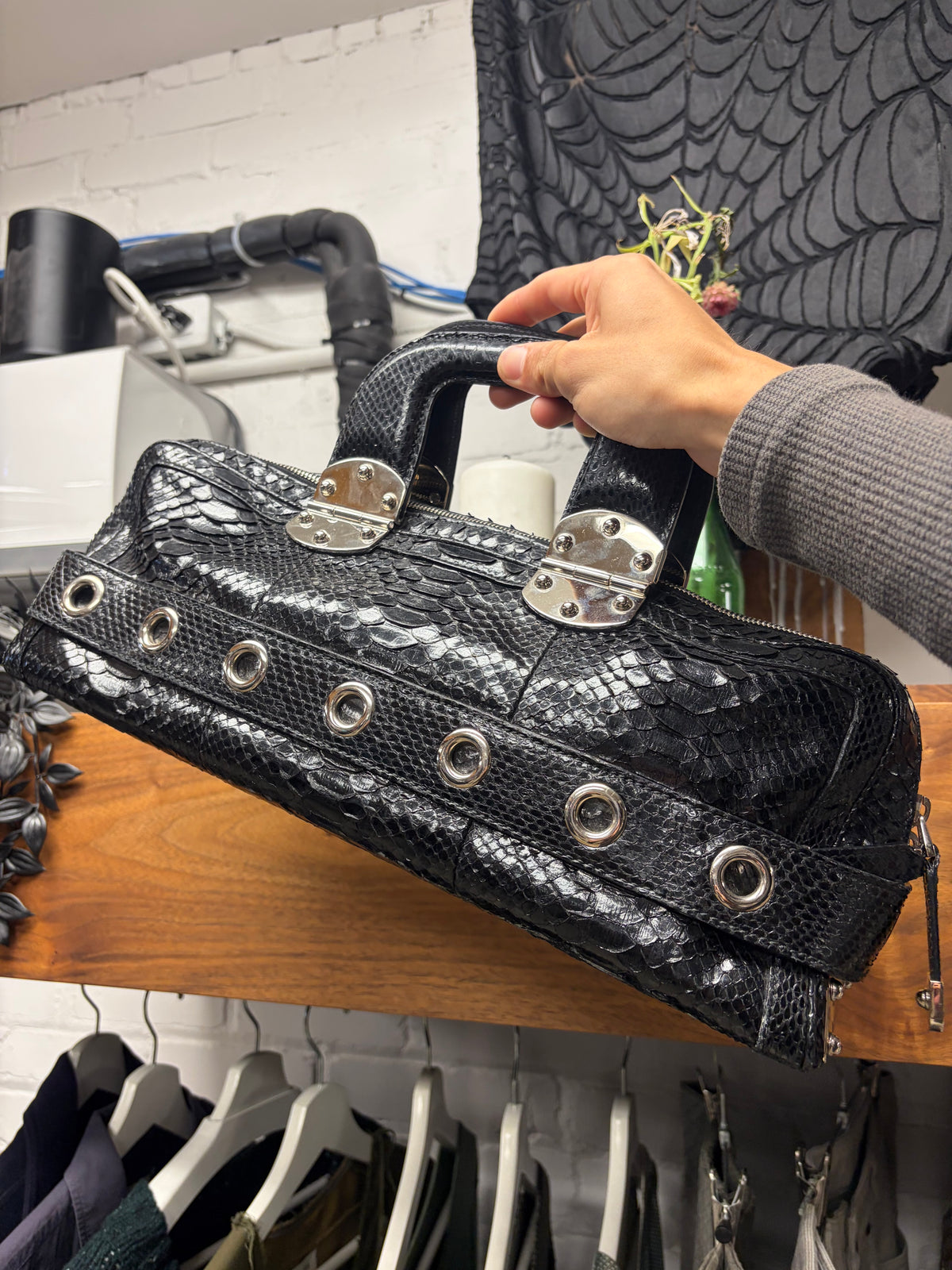 SS2007 Gucci by Frida Giannini Black Genuine Python Leather ‘Romy’ Top Handle Bag with Silver Grommet Belt