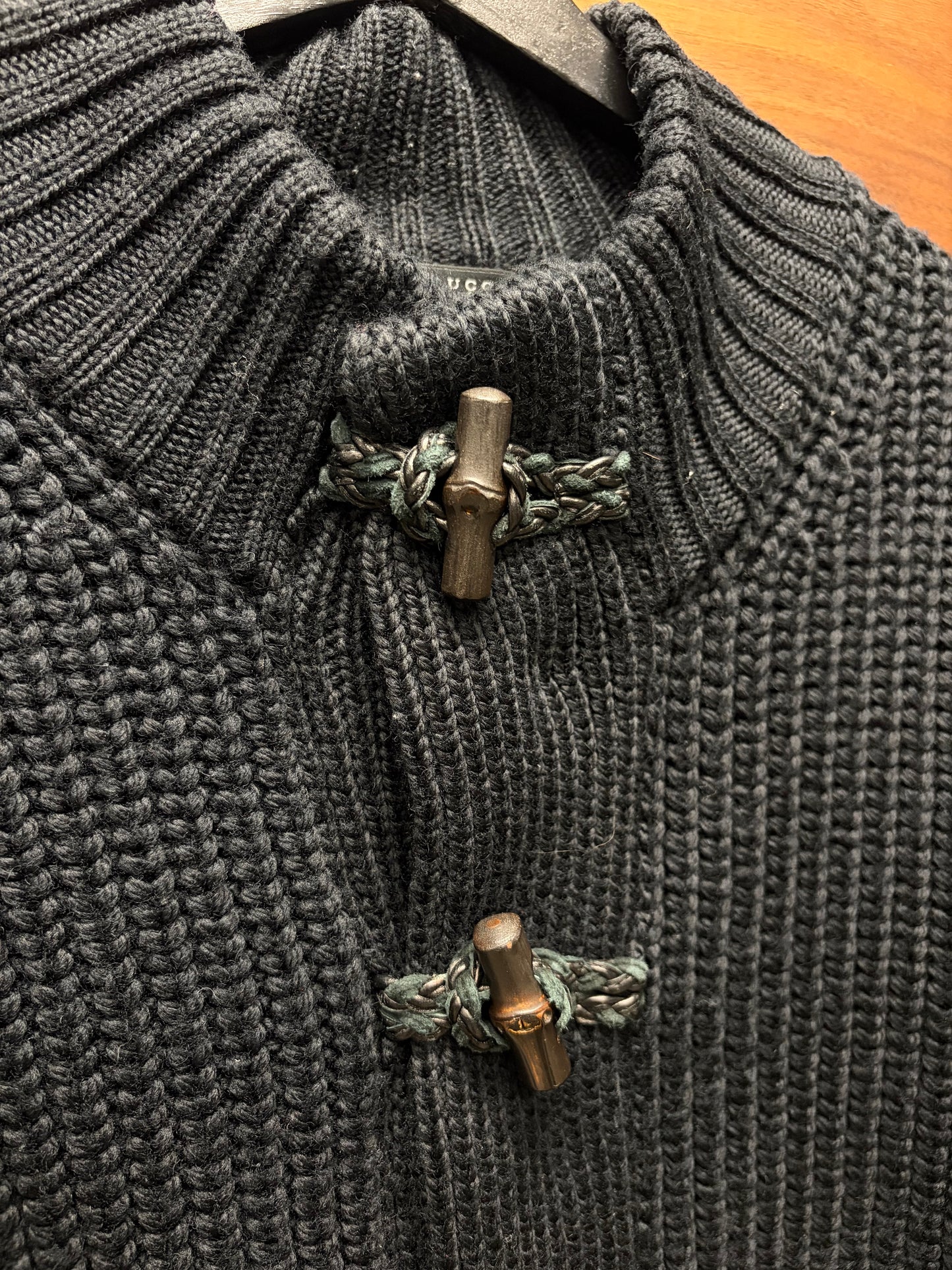 Vintage Gucci Genuine Bamboo Toggle Merino Wool Black Wool Knit Cardigan