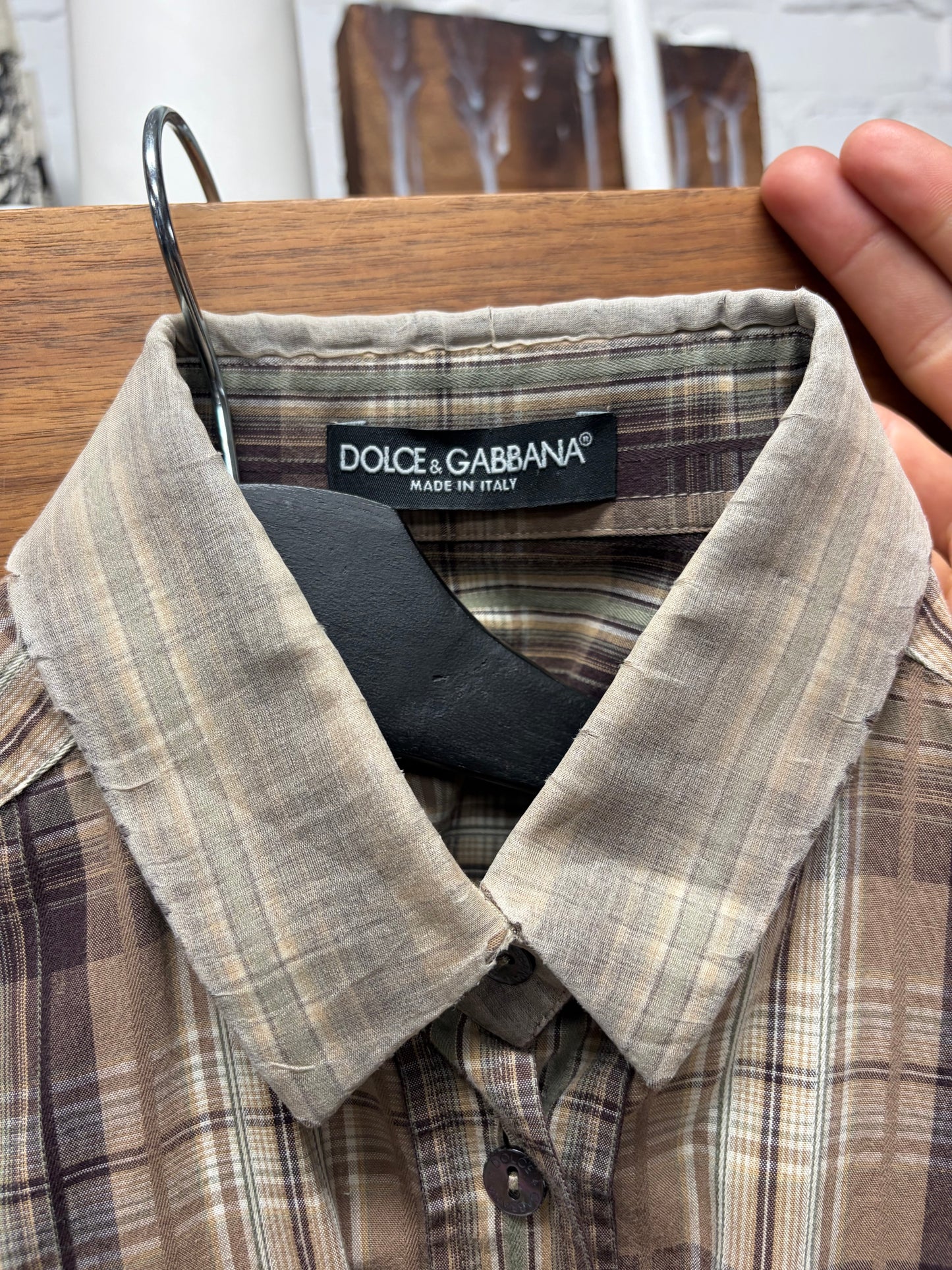 Vintage Dolce & Gabbana Distressed Brown Plaid Button Up Shirt