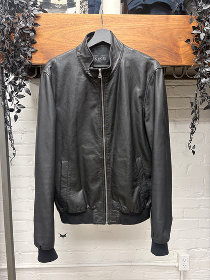 2000s Gucci ‘Crest Badge’ Black Leather Moto-Jacket with Ribbed Cuff Detailing