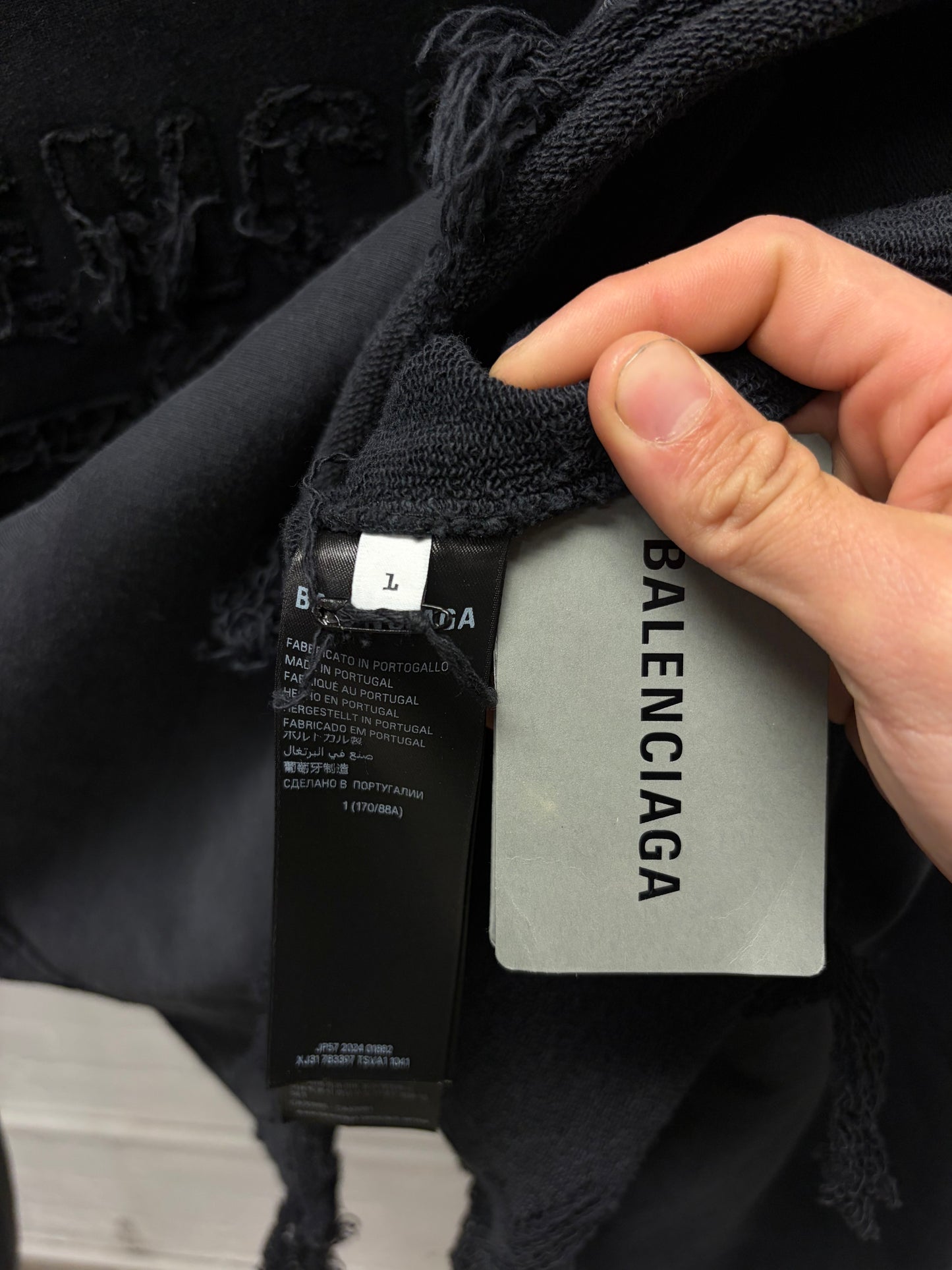 SS2025 Balenciaga Destroyed Distressed Cropped Black Heavy Cotton Logo Hoodie