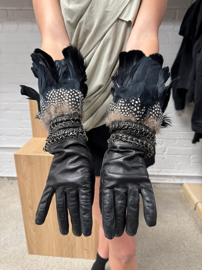 Alexander McQueen Genuine Feathers/Chain Mail Leather Gloves