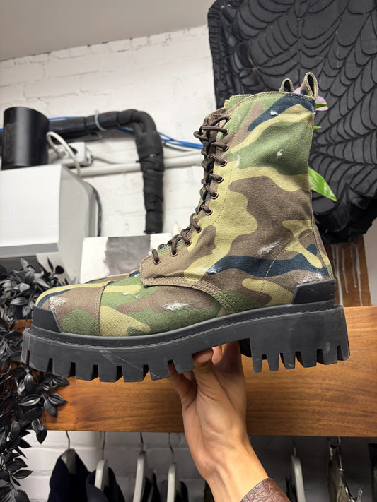 Balenciaga Camouflage ‘Strike’ Distressed Canvas Combat Boots