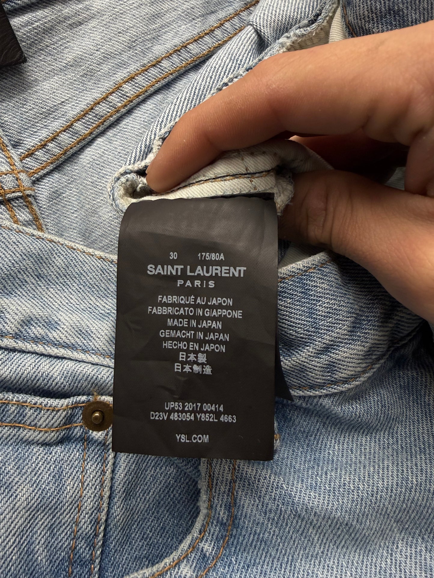 2017 Saint Laurent ‘D02’ Pocket Logo Light Wash Blue Distressed Skinny Jeans