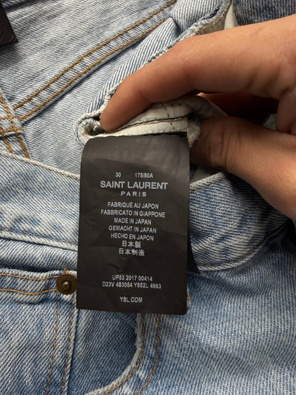 2017 Saint Laurent ‘D02’ Pocket Logo Light Wash Blue Distressed Skinny Jeans