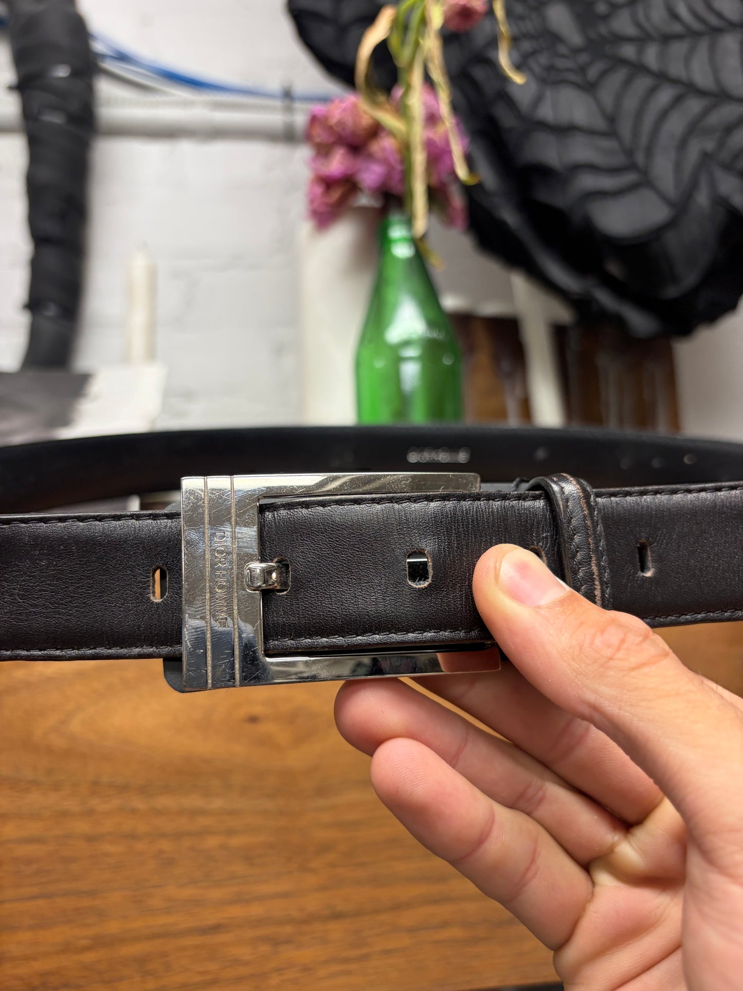 Dior Homme Minimal Rectangular Buckle Black Leather/Silver Tone Belt