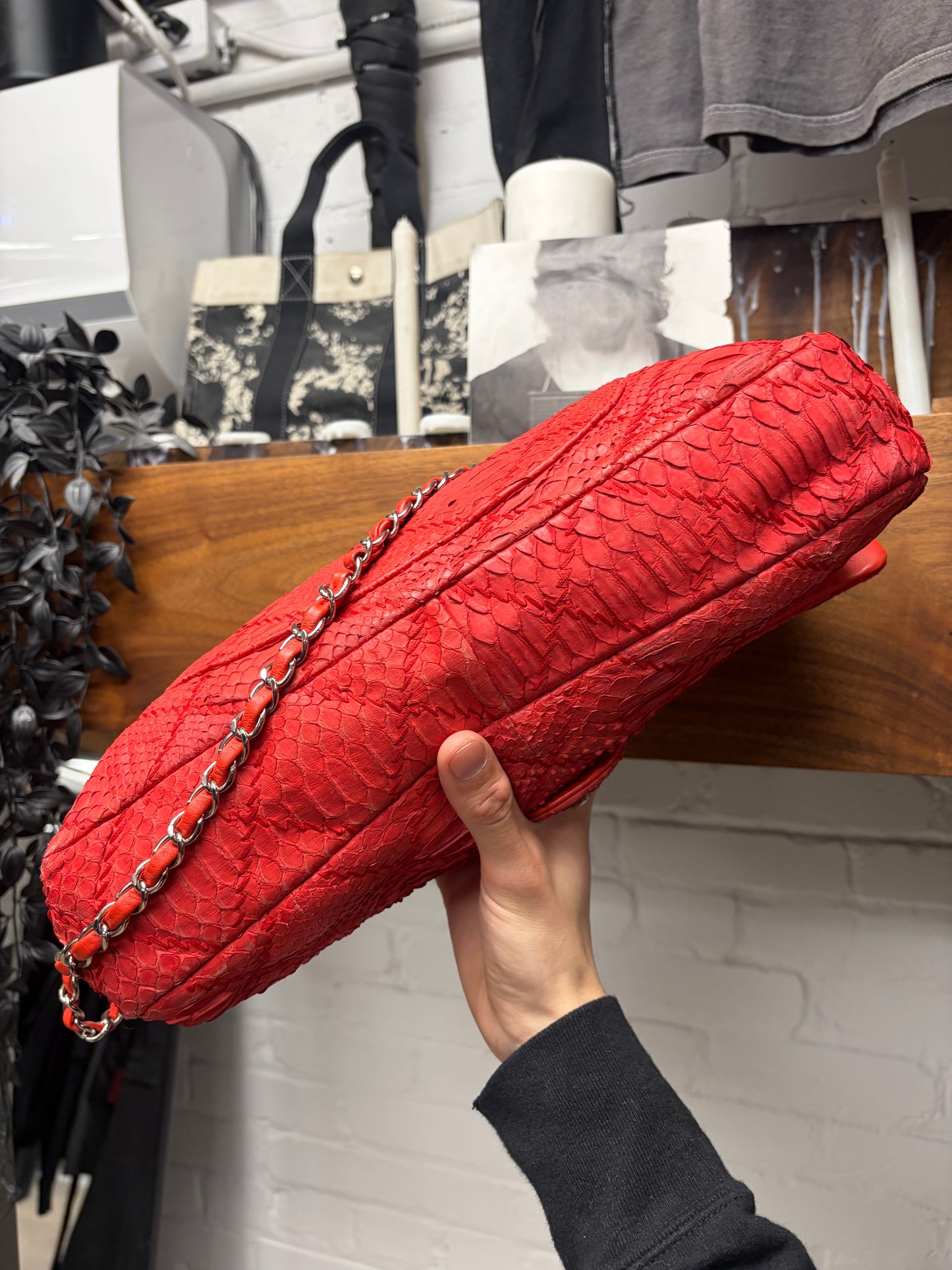 Chanel Red Python Leather Classic ‘Flap Bag’ with Silver Hardware