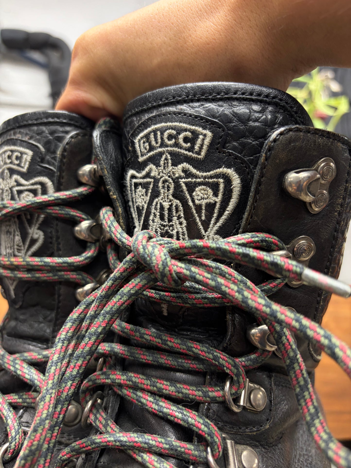 Gucci High Top Leather ‘Trekker’ Lace Up Crest Logo Hiking Boots