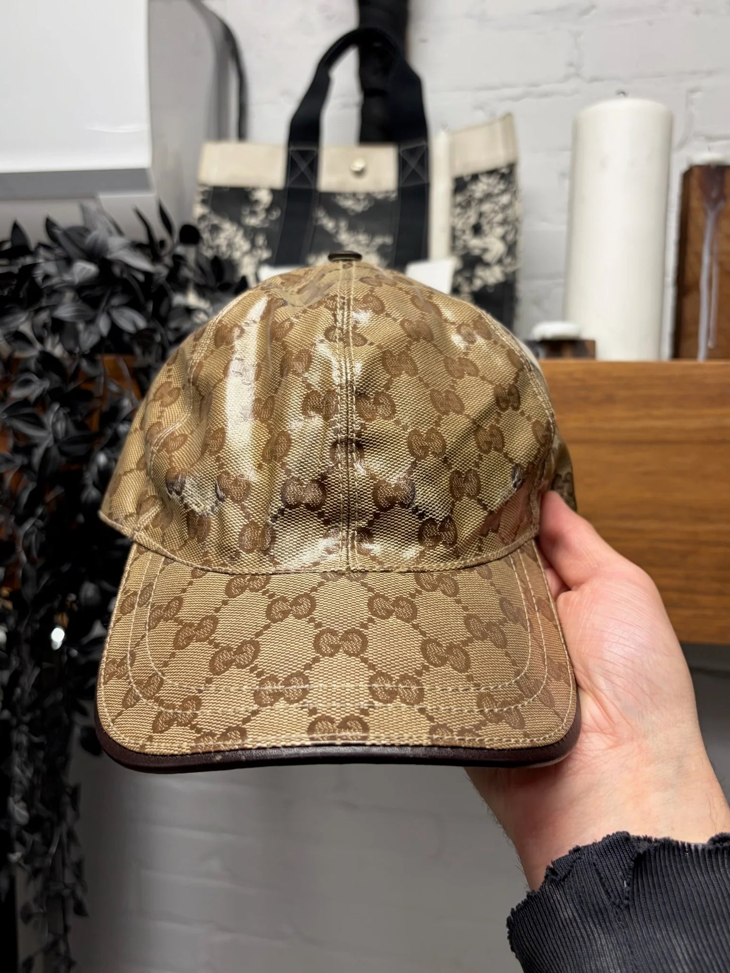 Gucci Coated Brown Canvas Leather Strap-Back Baseball Cap