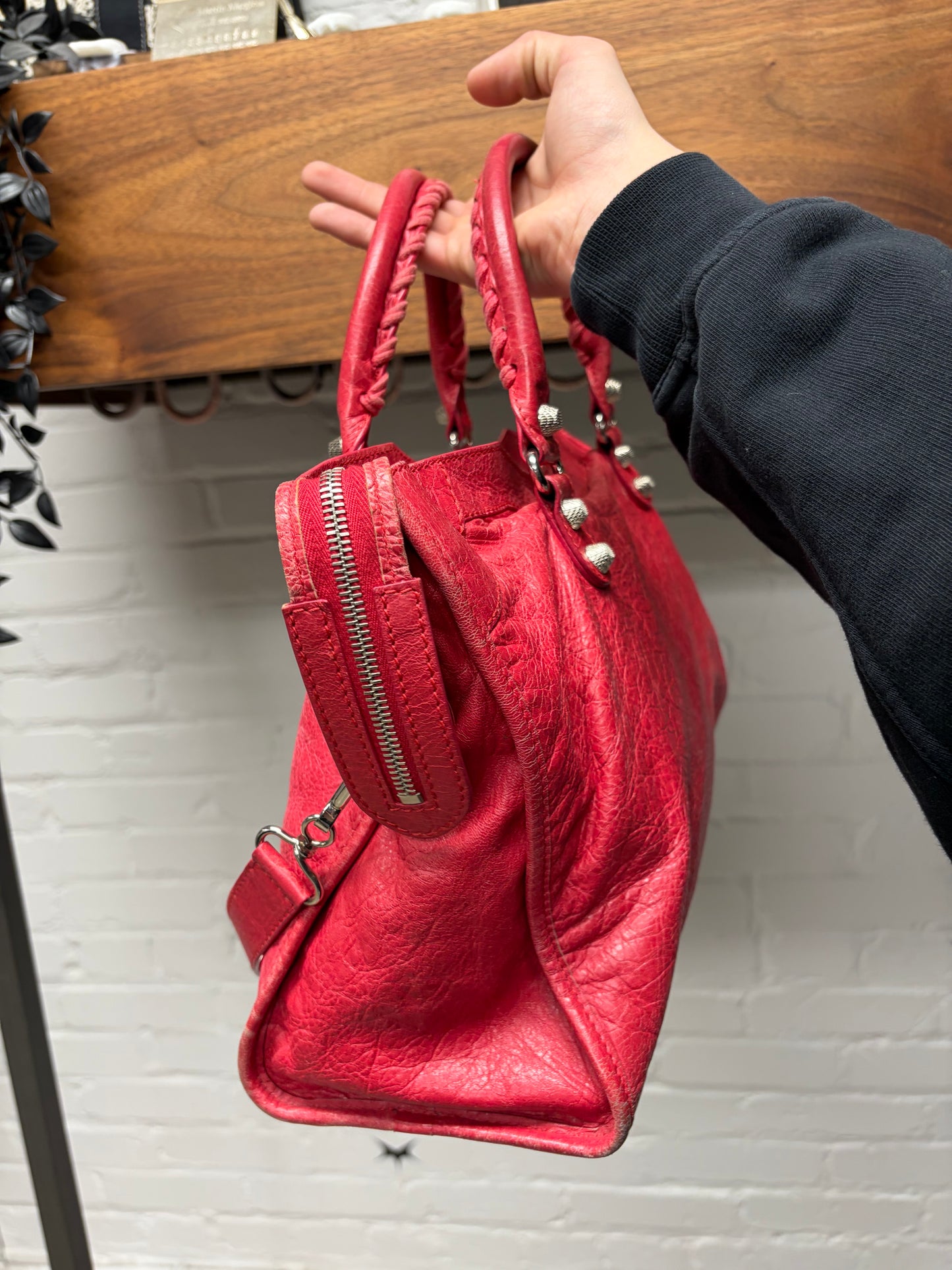 Balenciaga Crimson Red ‘City Bag’ Silver Hardware With Shoulder Strap