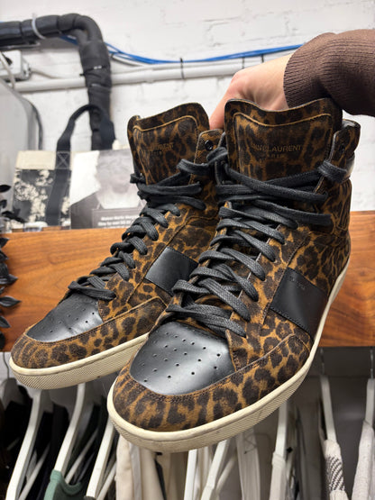 Saint Laurent ‘SL/10H’ Leopard Suede/Black Leather Court High Top Sneakers