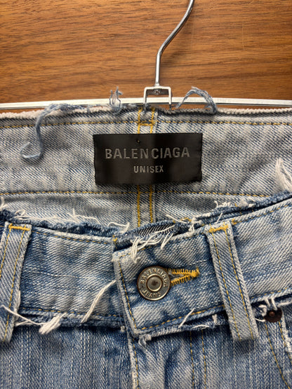 2024 Balenciaga Distressed Waistband Light Wash Blue Flared Leg Denim
