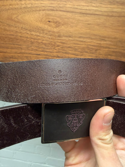2000s Gucci ‘Crest Logo’ Brown Square Buckle Leather Belt