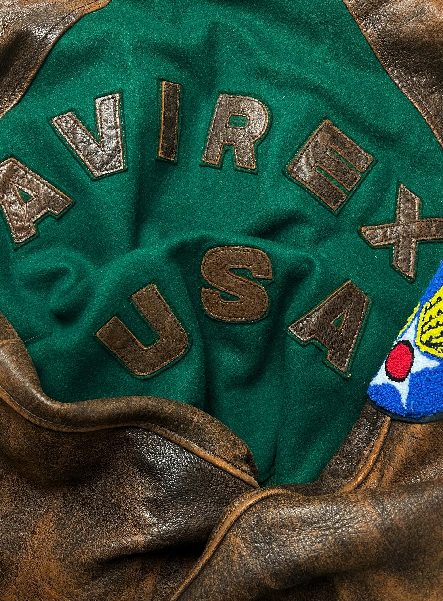 1990’s Avirex ‘USA’ Forest Green Wool/Brown Leather Bomber Jacket