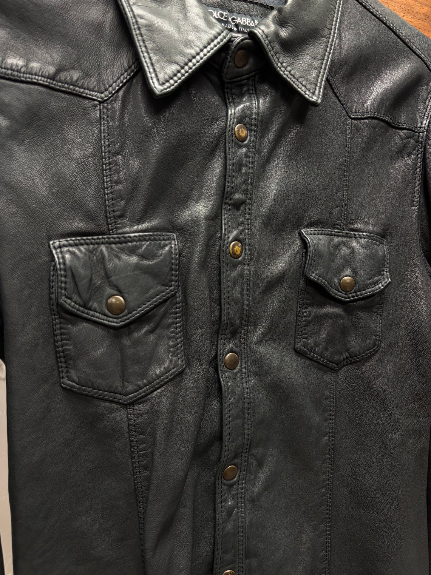 Dolce & Gabbana Black Sheepskin Button Snap Leather Shirt