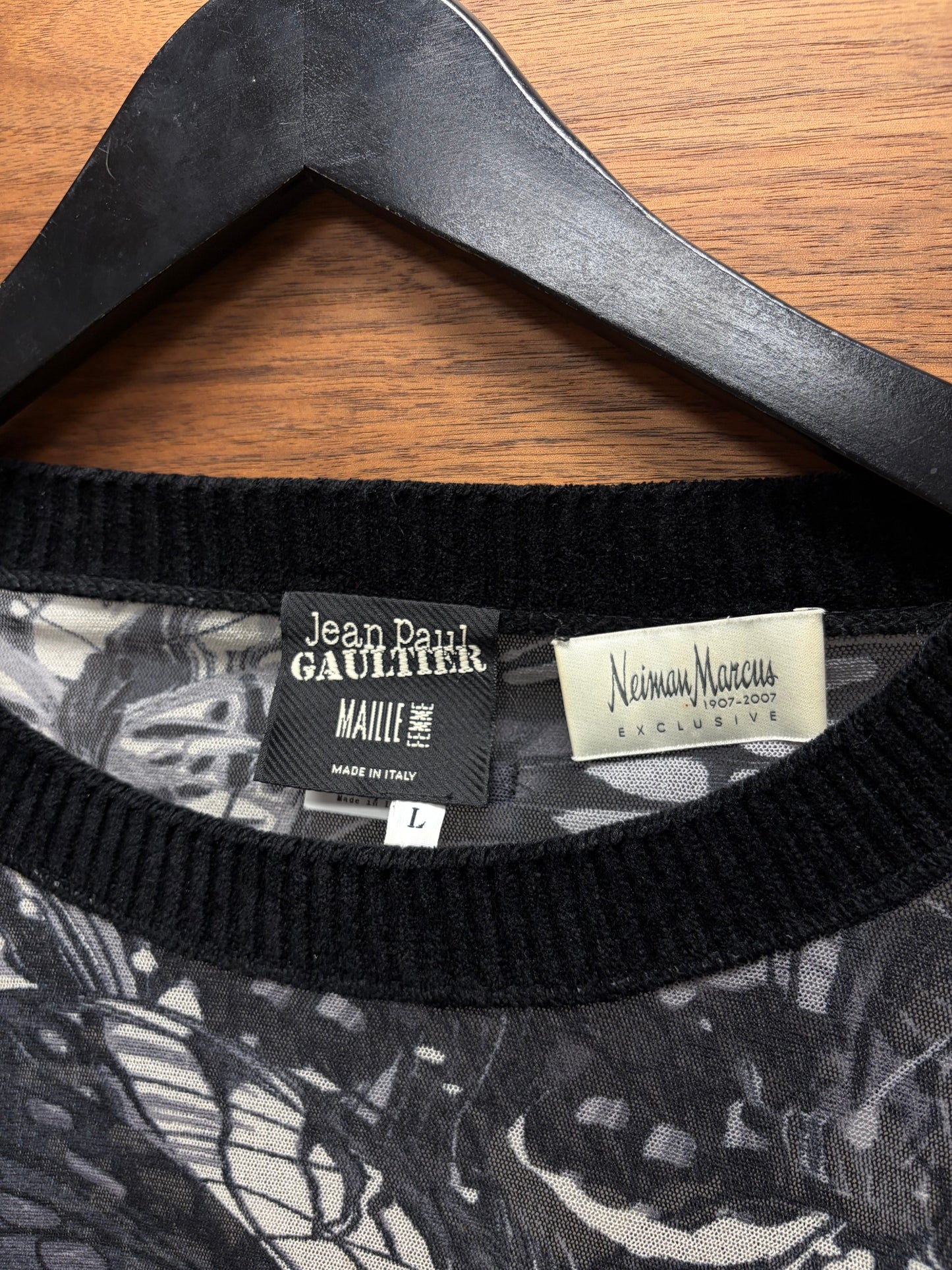 2007 Jean Paul Gaultier ‘Neiman Marcus Exclusive’ Butterfly Mesh Top with Ribbed Velour Cuffs