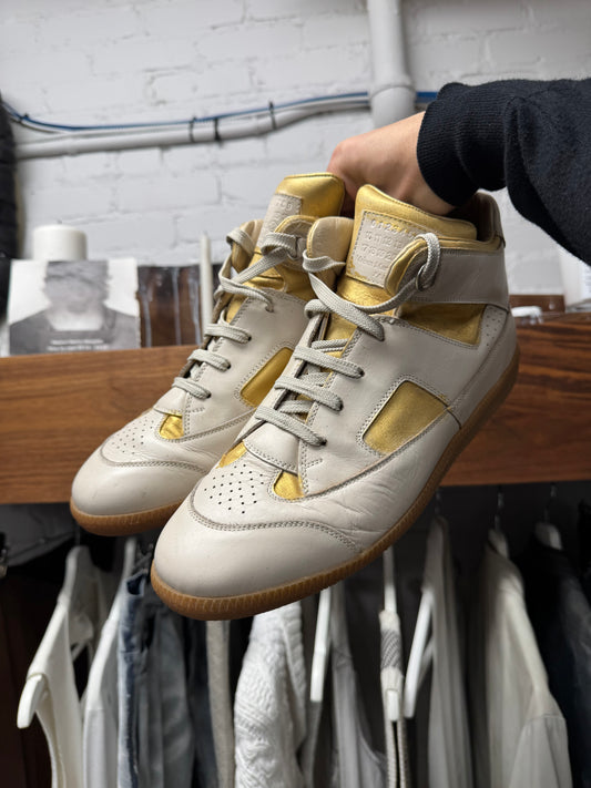 Maison Margiela ‘G.A.T.’ White/Gold Leather High Top Sneakers