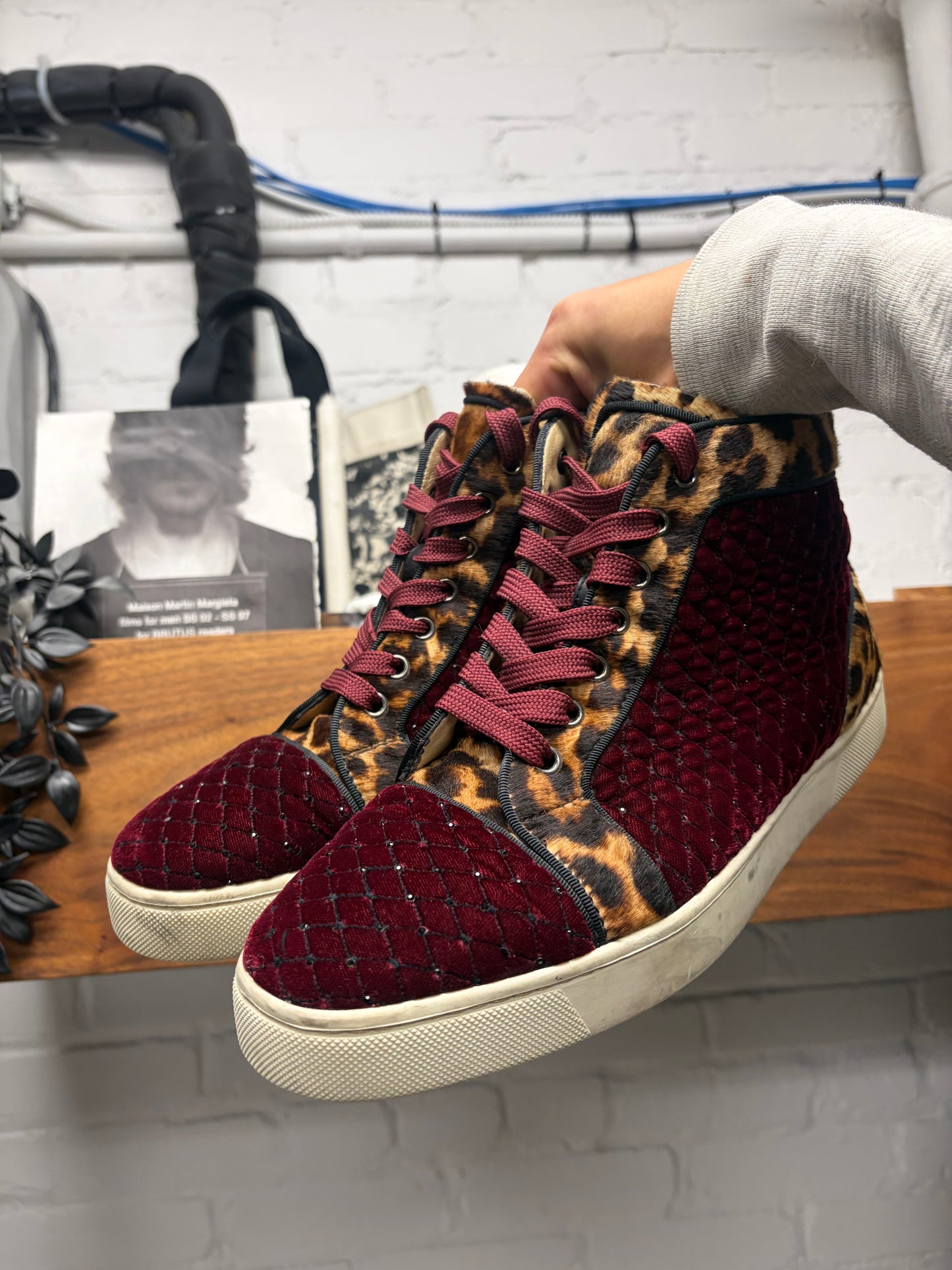 Christian Louboutin Leopard Pony Hair/ Red Velour High Top Sneakers