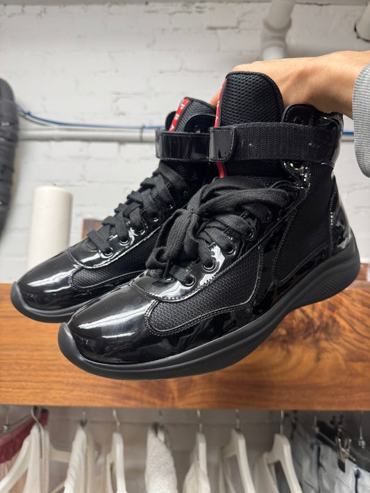 Prada ‘Americas Cup’ Black Patent Leather High Top Sneakers