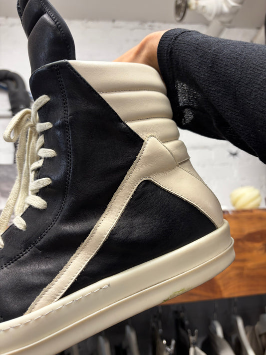 Rick Owens Black/Milk Leather ‘Geobasket’ High Top Sneakers