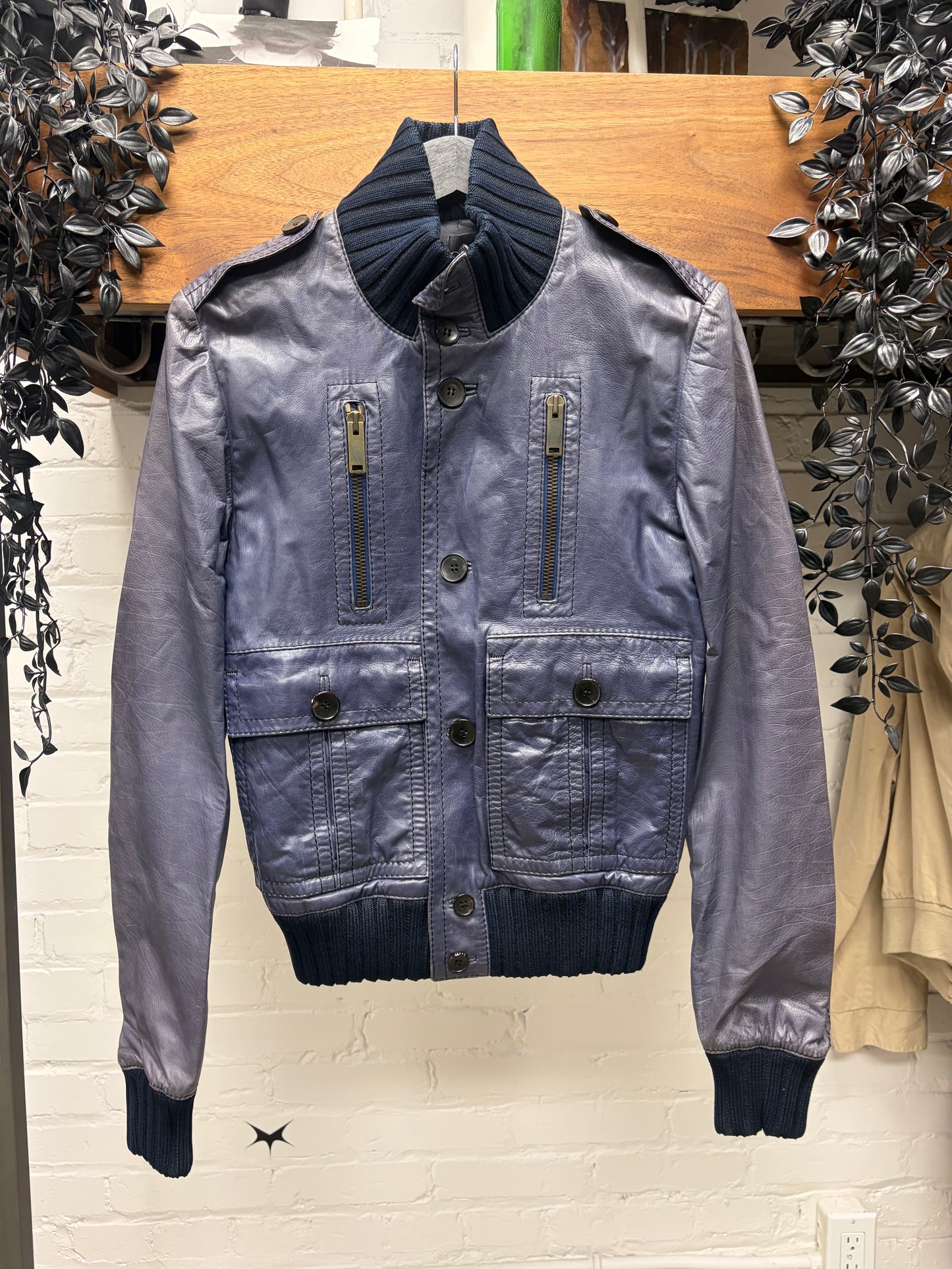 Gucci 'Madonna' Waxed Blue Leather Bomber Jacket