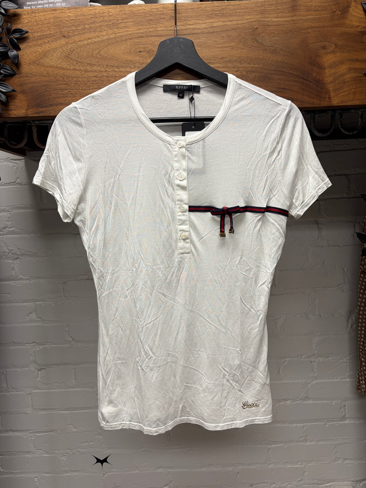 Gucci ‘Stripe Logo’ White Short Sleeve Fitted Henley T-Shirt