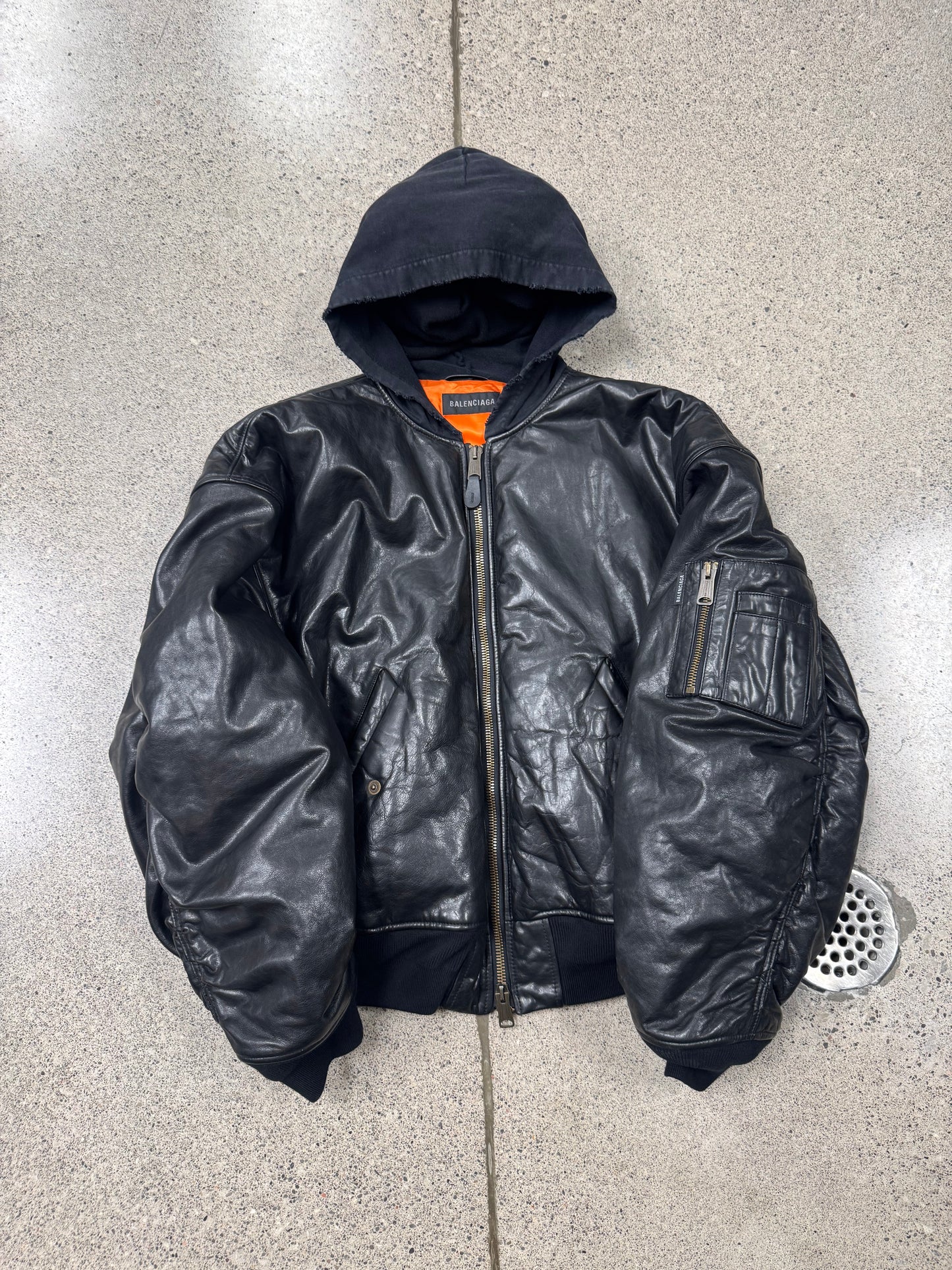 AW2022 Balenciaga ‘Mudshow’ Leather MA-1 Oversized Hooded Bomber Jacket