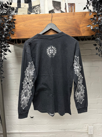 Vintage 90s Chrome Hearts Faded Black Floral/Dagger Logo Long Sleeve Shirt