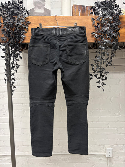 Balmain Waxed Black Moto-Knee Biker Skinny Jeans