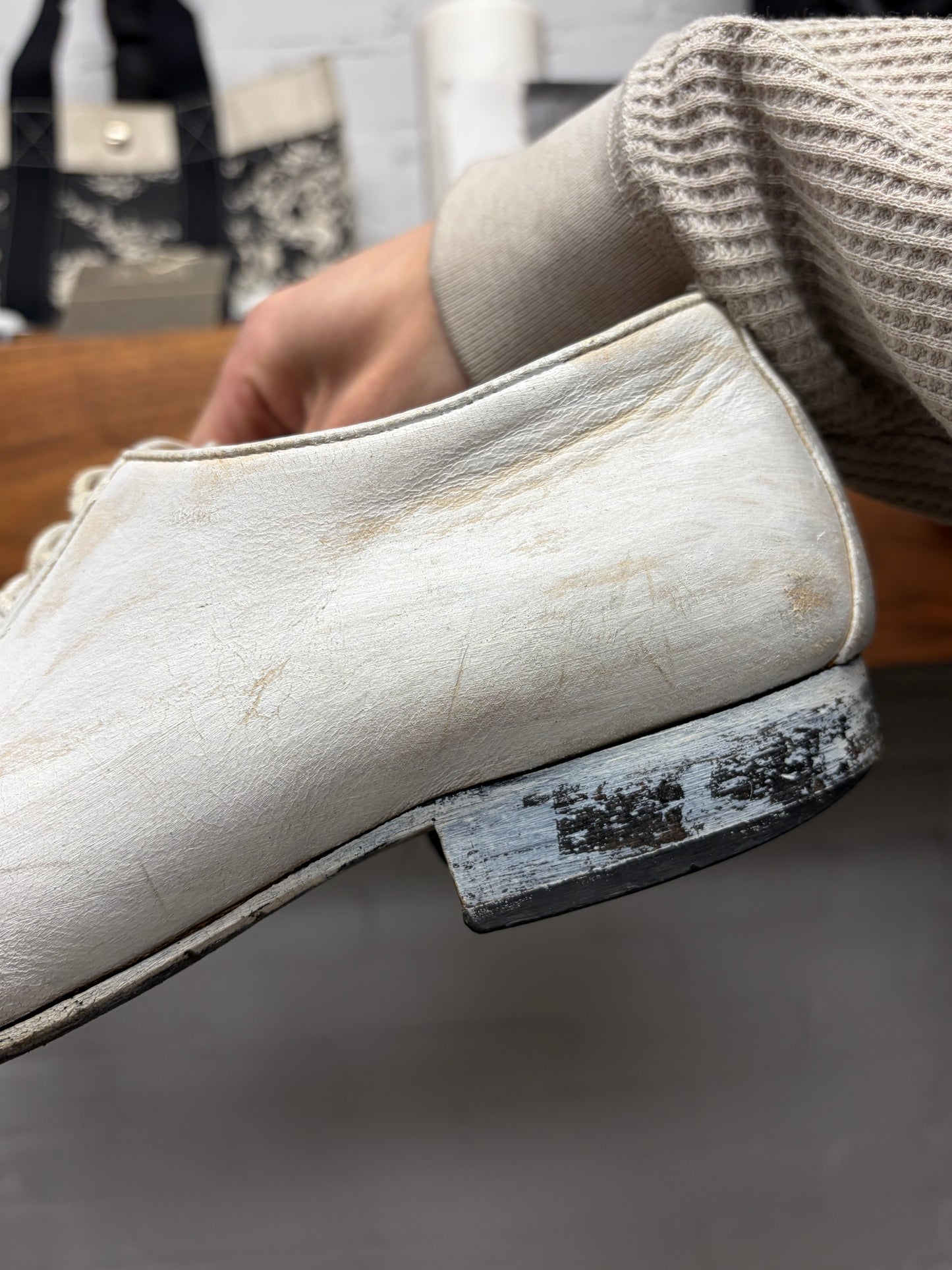 Maison Martin Margiela Painted White Leather Pointed Toe Dress Shoes
