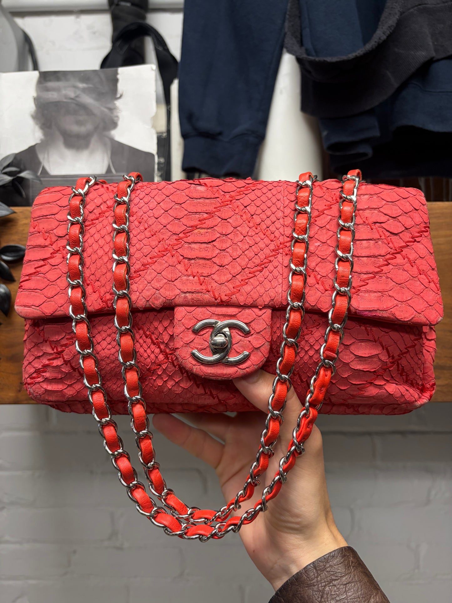 Chanel Red Python Leather Classic ‘Flap Bag’ with Silver Hardware