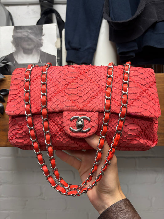 Chanel Red Python Leather Classic ‘Flap Bag’ with Silver Hardware