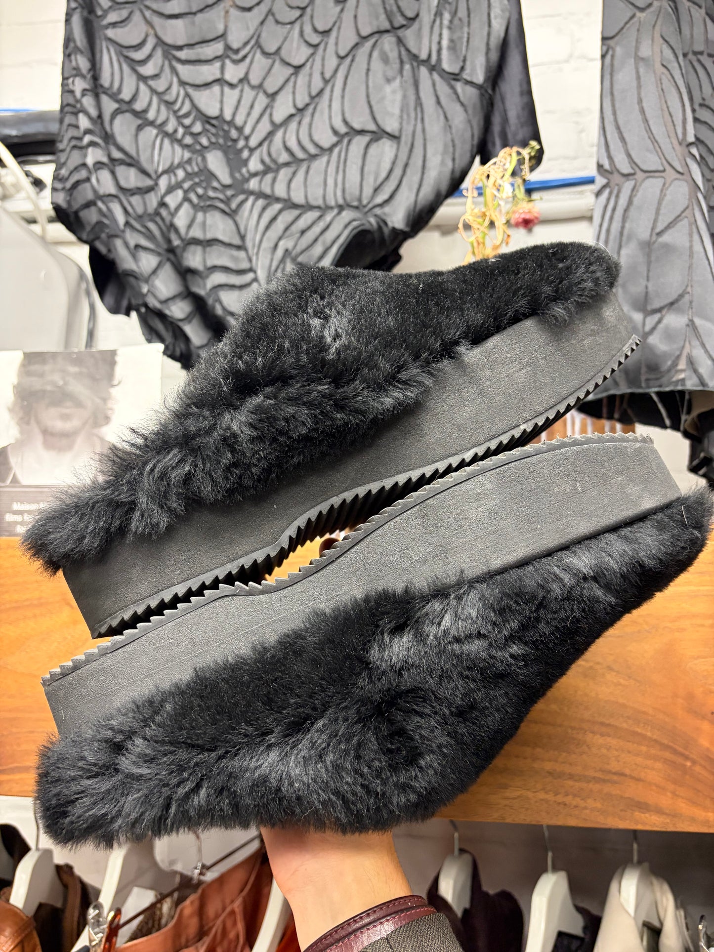 Dries Van Noten Black Shearling Fur Platform Sole Mules