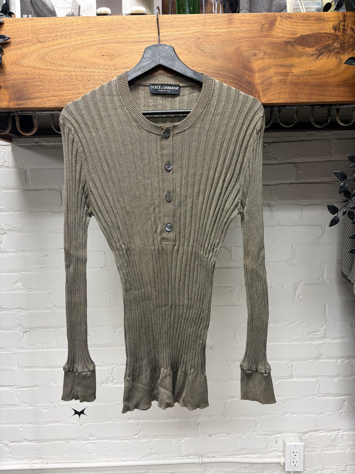 Dolce & Gabbana ‘Mainline’ Glossy Brown Ribbed Henley Slim Fit Sweater