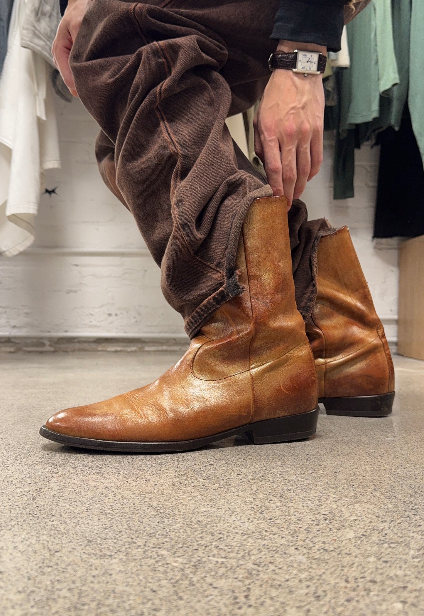Maison Margiela ‘Pecos’ Natural Brown Patina Pointed Toe Leather Boots