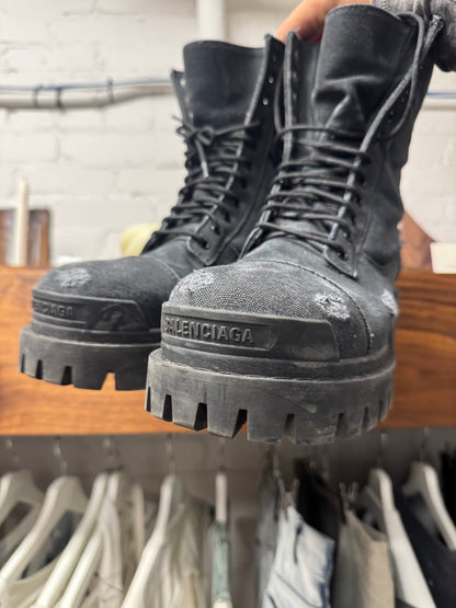 AW2022 Balenciaga Distressed Black Canvas ‘Strike’ Combat Boots