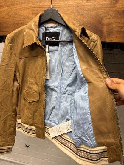 Dolce and Gabbana Cropped Brown Lambskin Leather Jacket with Silk Pinstripe Liner