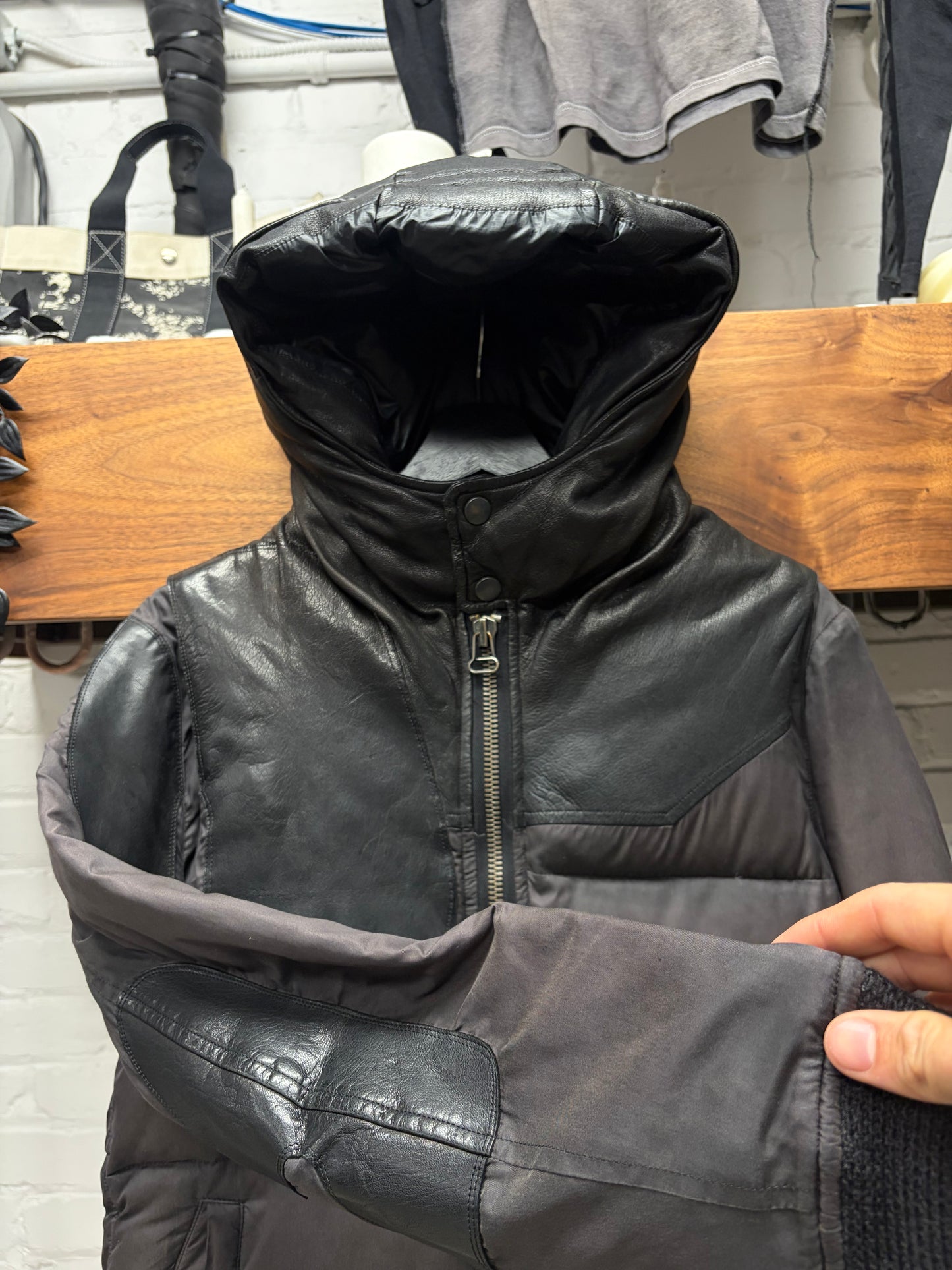 Mihara Yasuhiro Leather/Down Filled Black Puffer Jacket
