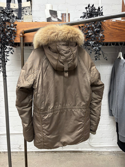 G.O.A. Fur Hooded Brown Military Long Bomber Coat