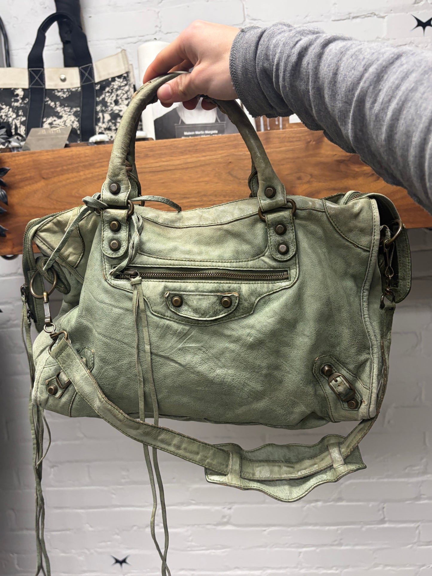 Balenciaga Mossy Green Chèvre ‘City Bag’ with Crossbody Strap