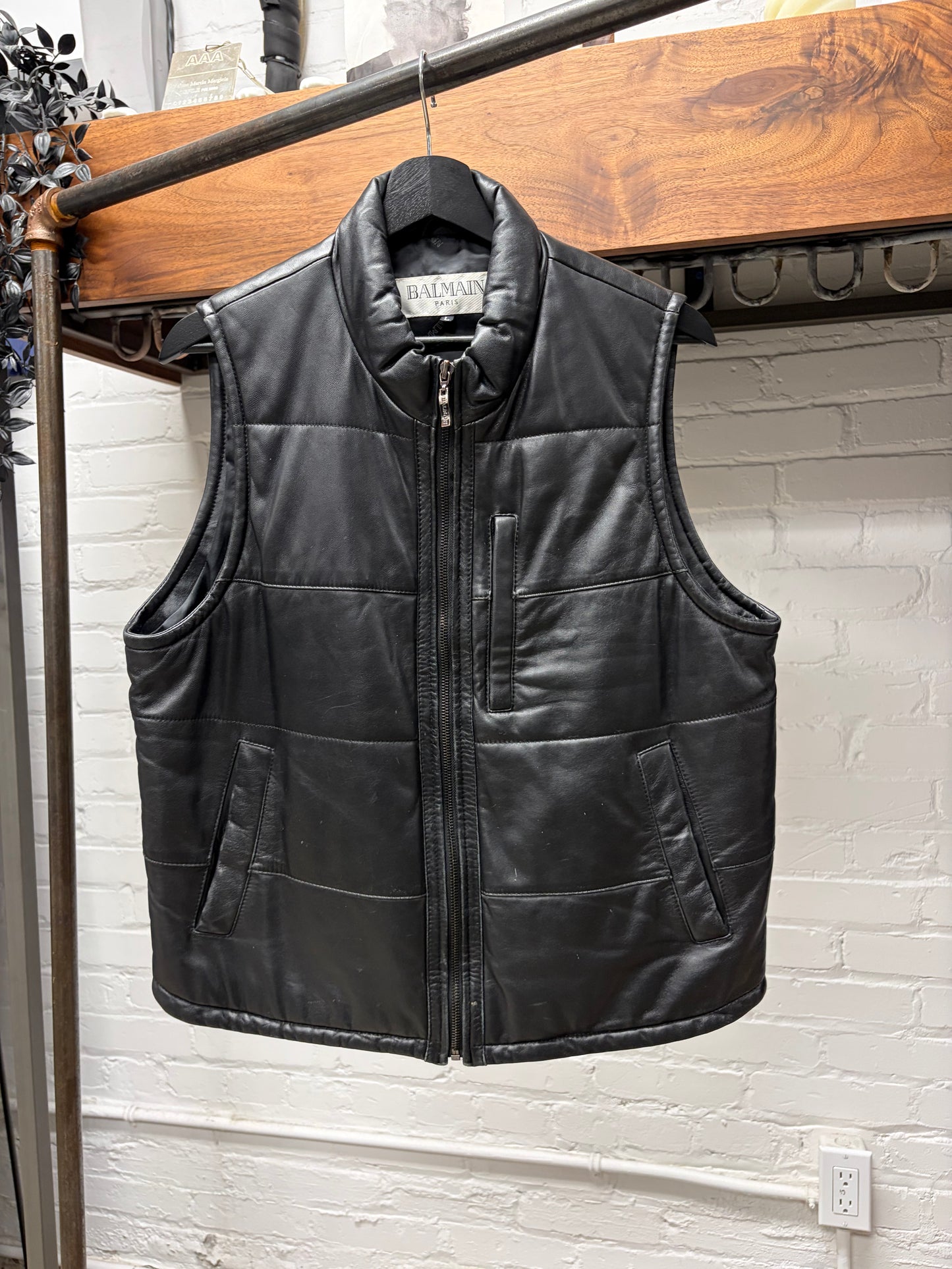 Vintage Balmain Lambskin Leather Padded Black Vest