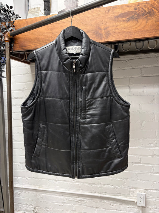 Vintage Balmain Lambskin Leather Padded Black Vest