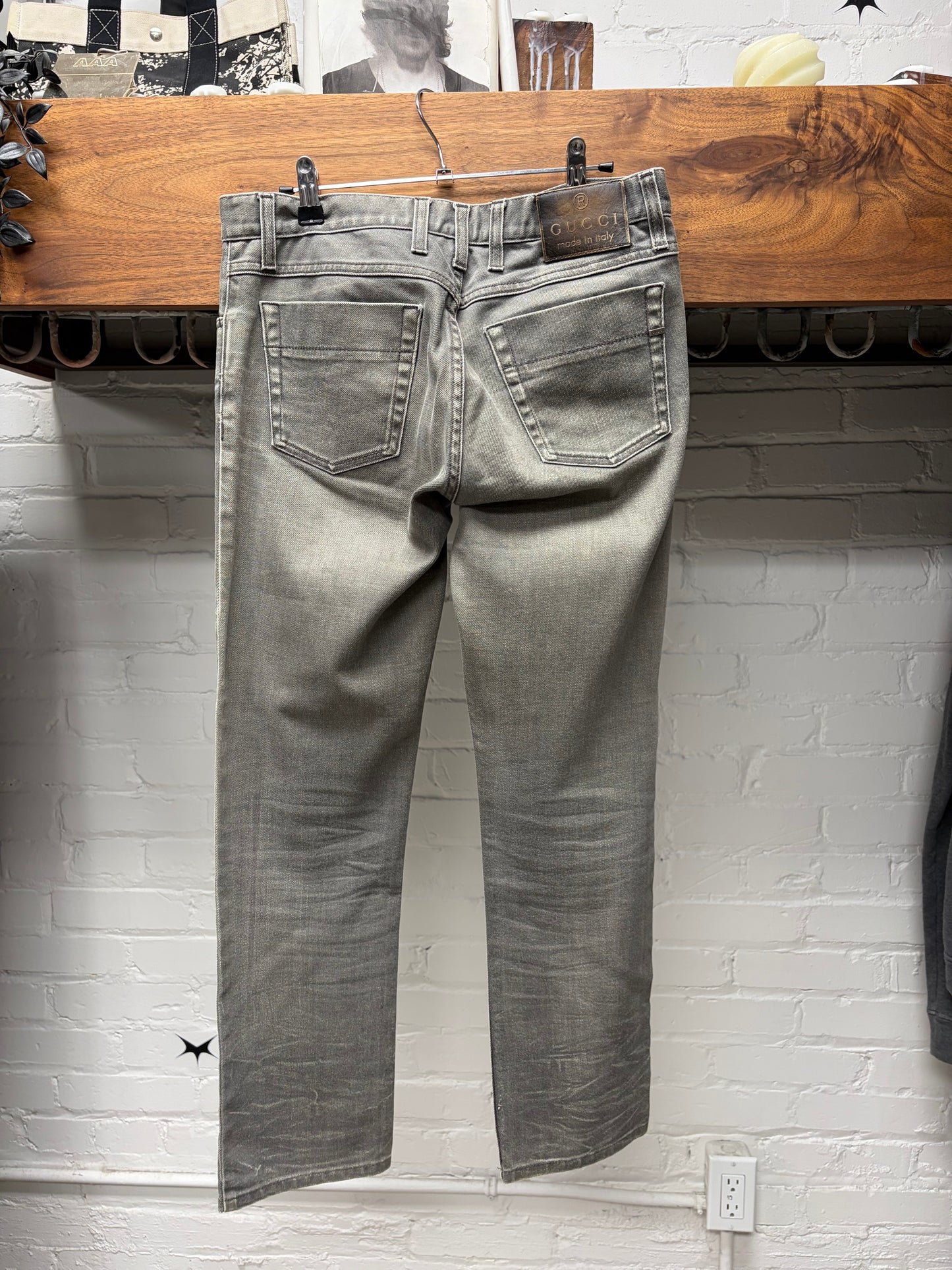2010s Gucci Faded Grey Skinny Jeans with Leather Back Tab