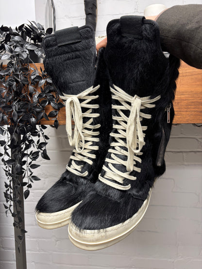 Rick Owens Ponyhair Black/Milk ‘Cargobasket’ High Top Sneakers
