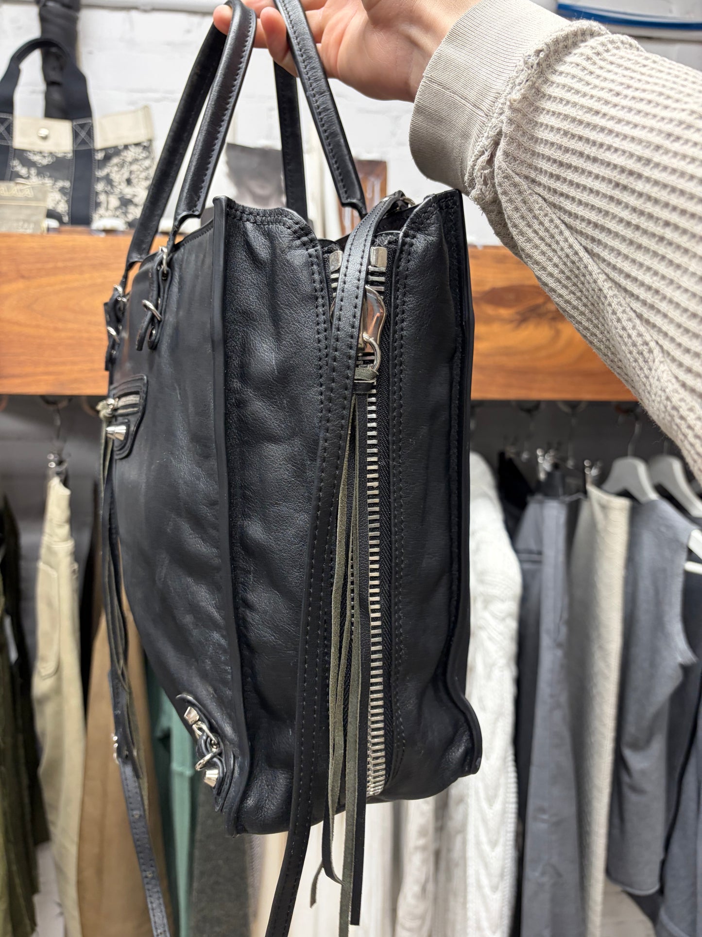 Balenciaga ‘Le Papier’ Black Leather Tote Bag with Crossbody Strap