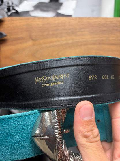 2000s Yves Saint Laurent Rive Gauche ‘Conch Buckle’ Turquoise Blue Leather Belt