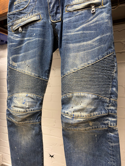 Balmain Washed Blue ‘Paint Splatter’ Biker-Moto Knee Skinny Jeans