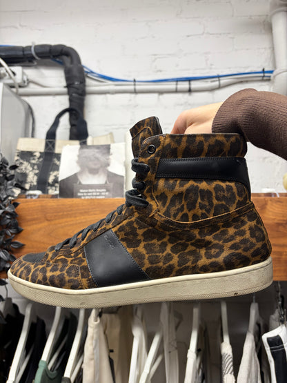Saint Laurent ‘SL/10H’ Leopard Suede/Black Leather Court High Top Sneakers