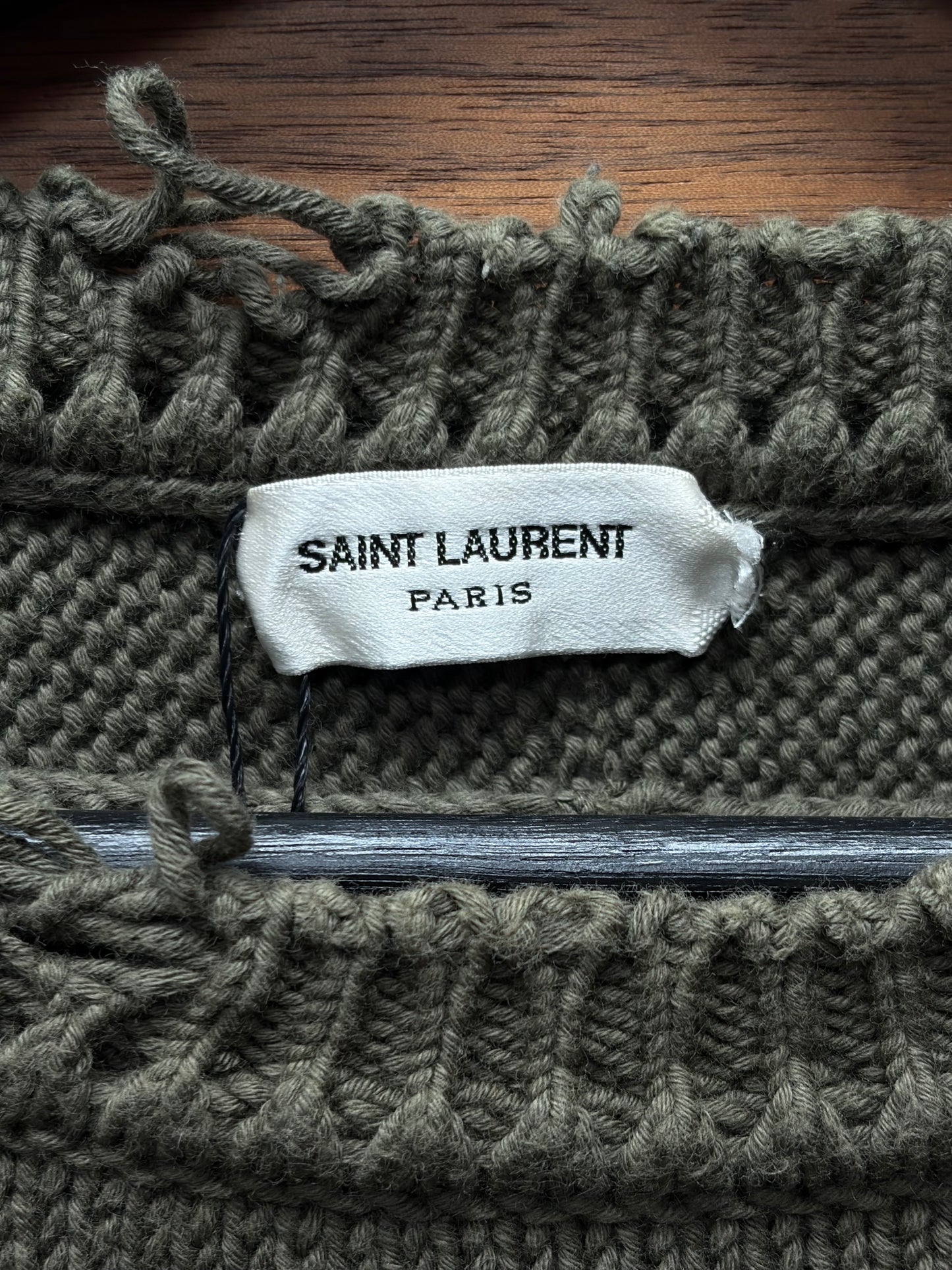 2020 Saint Laurent Distressed Dark Green Wool Knit Sweater