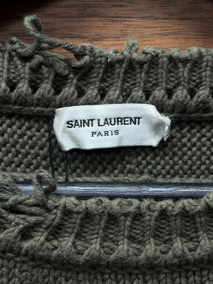 2020 Saint Laurent Distressed Dark Green Wool Knit Sweater